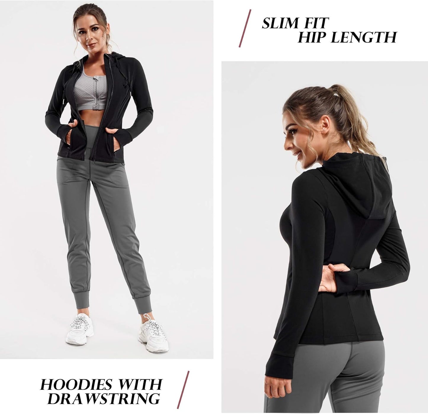 Women's Slim Fit Full Zip Athletic Jacket with Long Sleeves and Thumb Holes for Yoga and Running (Black, Large)