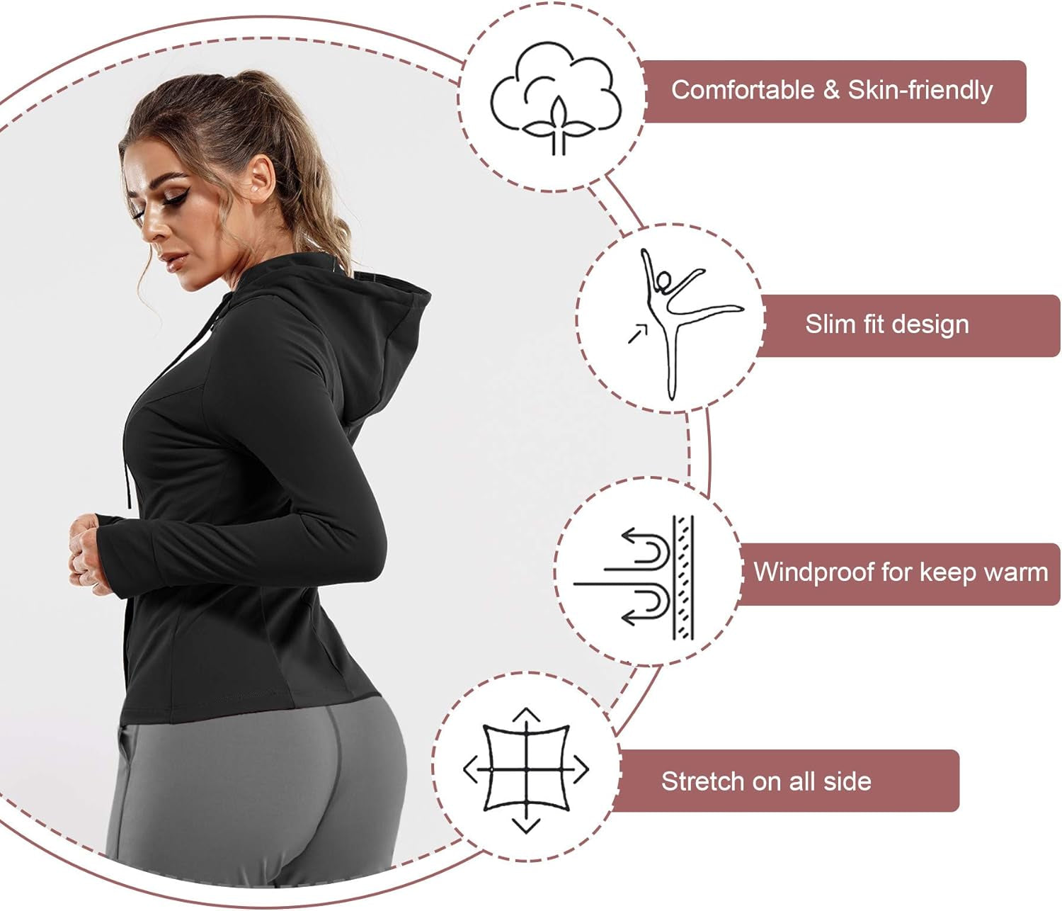 Women's Slim Fit Full Zip Athletic Jacket with Long Sleeves and Thumb Holes for Yoga and Running (Black, Large)