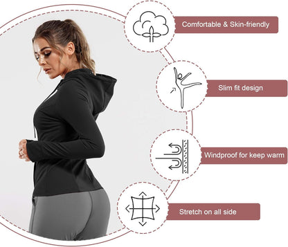 Women's Slim Fit Full Zip Athletic Jacket with Long Sleeves and Thumb Holes for Yoga and Running (Black, Large)