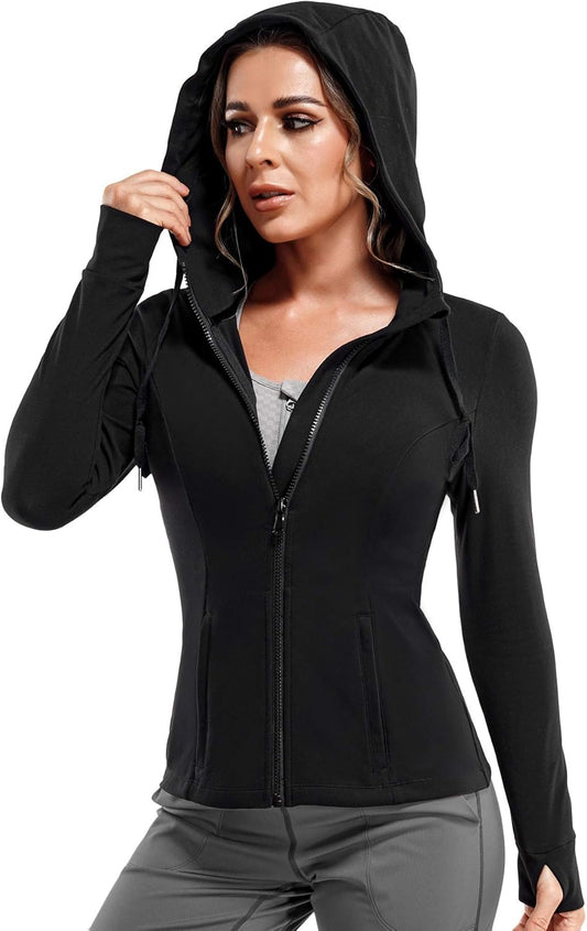 Women's Slim Fit Full Zip Athletic Jacket with Long Sleeves and Thumb Holes for Yoga and Running (Black, Large)