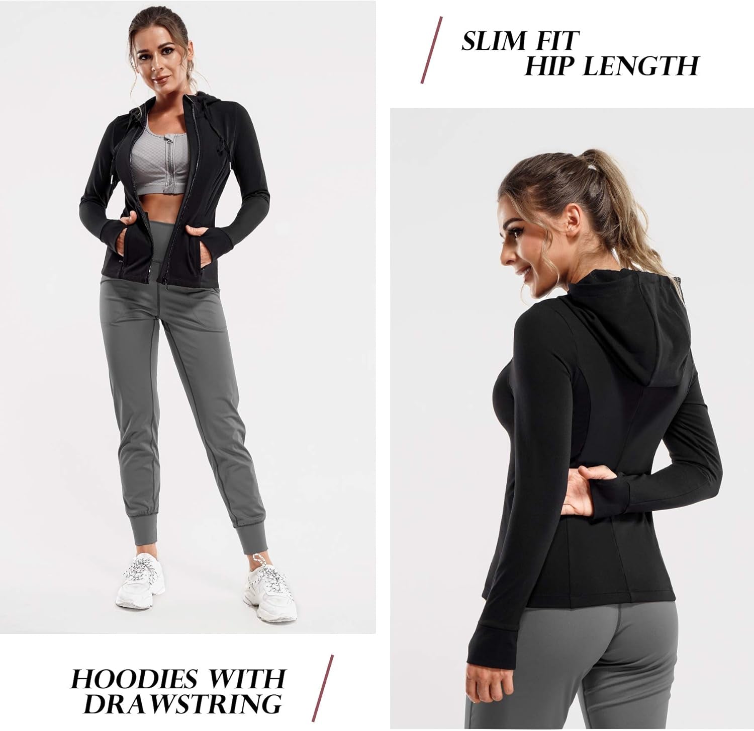 Women's Slim Fit Full Zip Athletic Jacket with Long Sleeves and Thumb Holes for Yoga and Running (Black, Large)
