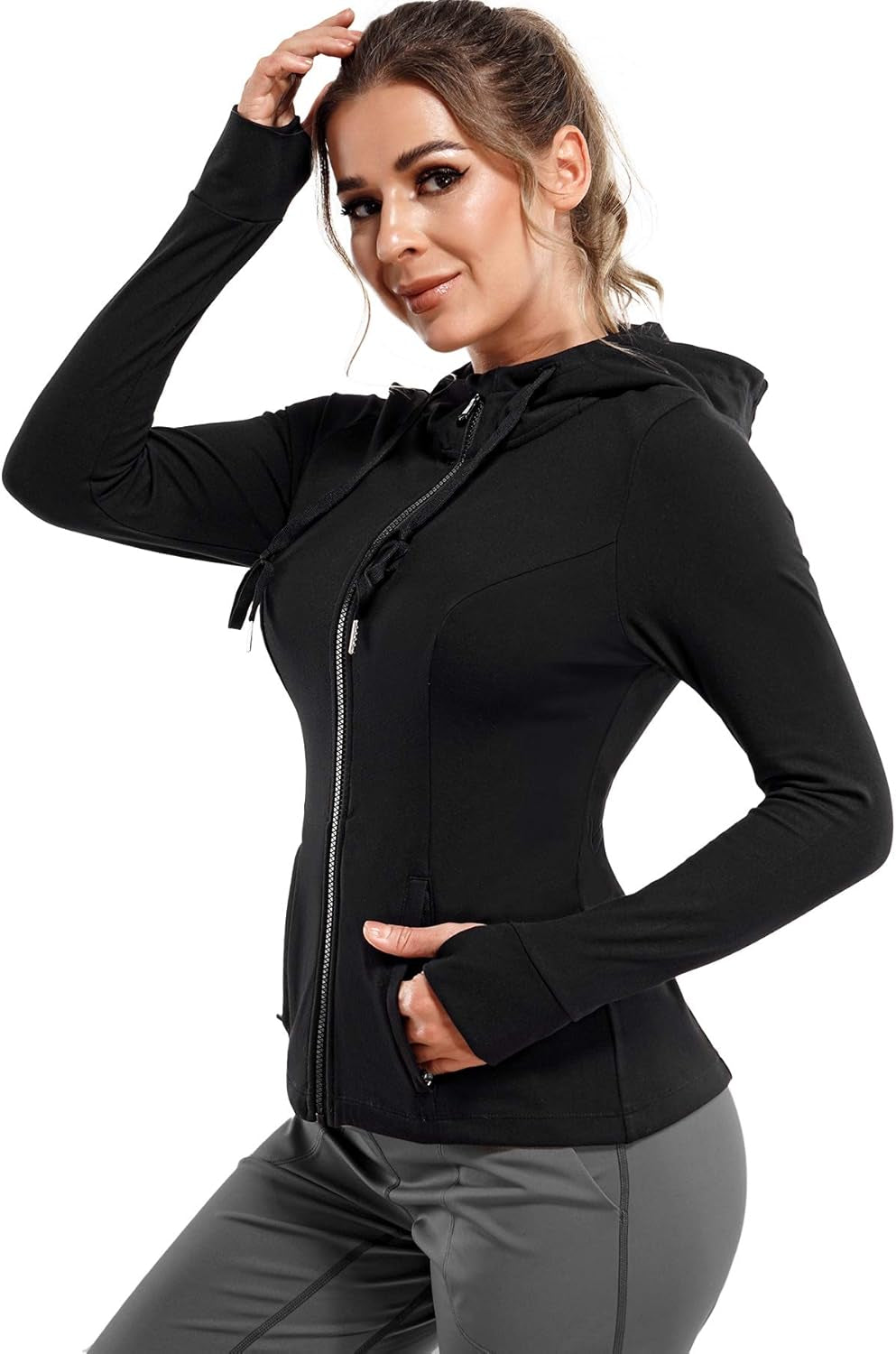 Women's Slim Fit Full Zip Athletic Jacket with Long Sleeves and Thumb Holes for Yoga and Running (Black, Large)