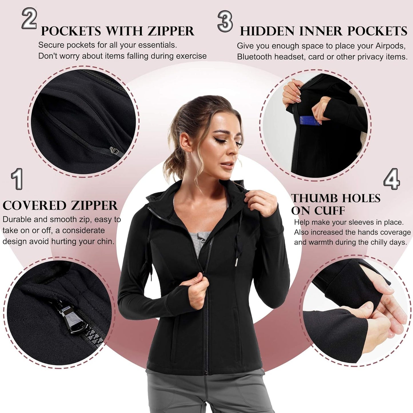 Women's Slim Fit Full Zip Athletic Jacket with Long Sleeves and Thumb Holes for Yoga and Running (Black, Large)