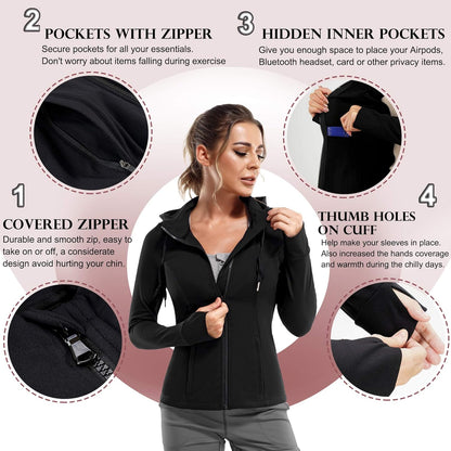 Women's Slim Fit Full Zip Athletic Jacket with Long Sleeves and Thumb Holes for Yoga and Running (Black, Large)